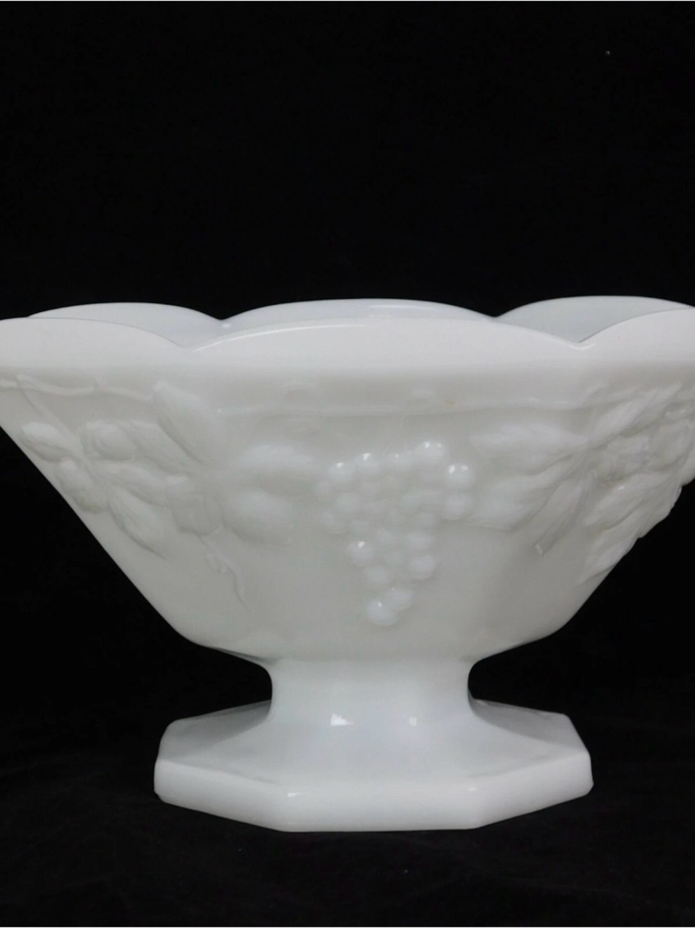 Anchor Hocking White Milk Glass Fruit Motif Pedestal Bowl